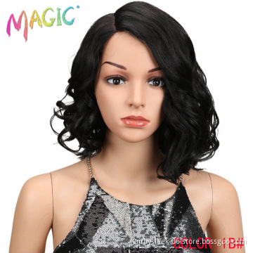Magic Hair Short Loose Wavy Bob Wigs 12"inch Black Synthetic Front Lace Wigs For African American Women High Temperature Fiber